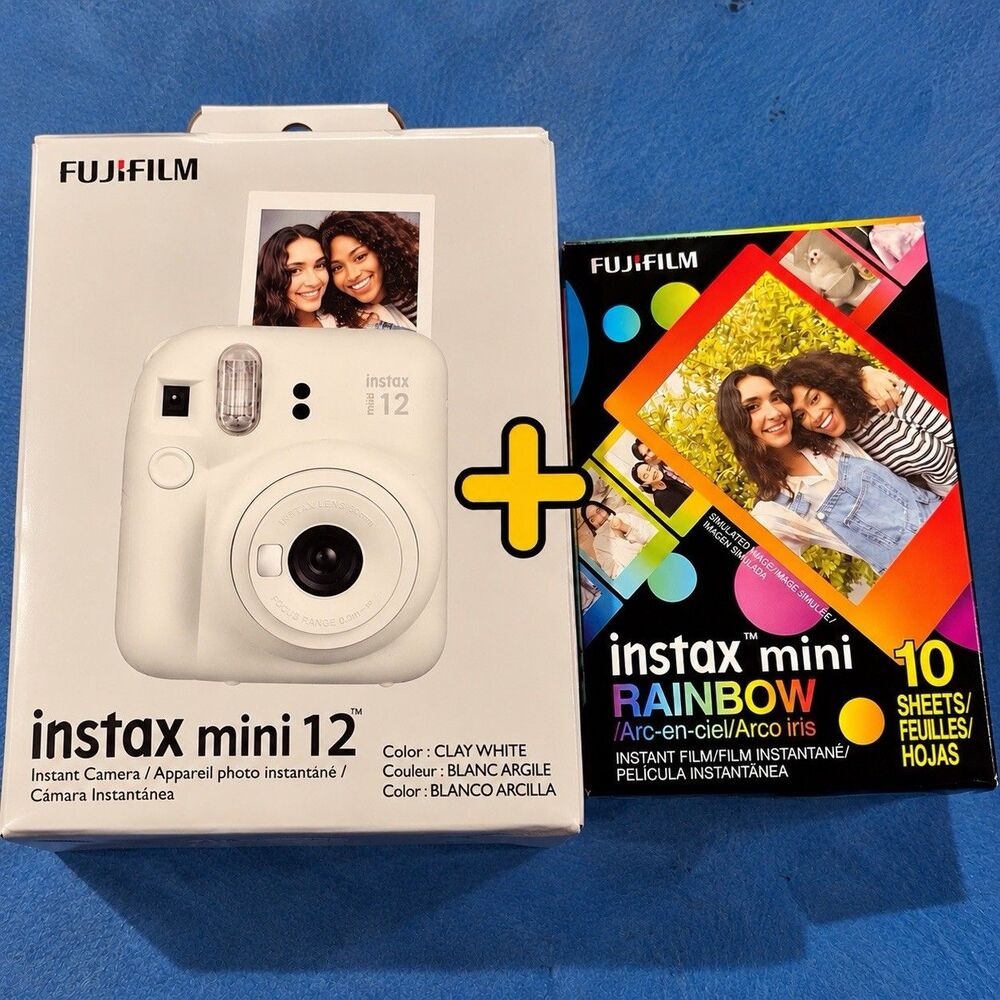 Fujifilm Instax Mini 12 Instant Camera and Rainbow Film Bundle- Clay White